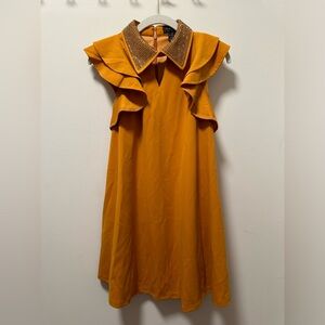 Gracia Sleeveless Mustard Dress w/ Ruffle Sleeves and Jeweled Collar-Size S